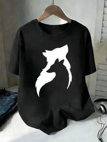 T-shirt casual in cotone con stampa di lupo, 100% cotone, vestibilità comoda, taglio confortevole, stile street hip-hop, stampa artistica - nero - Visualizzare 2