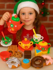Set Pesta Teh Sore untuk Anak Perempuan, 24 Buah, Set Boneka Pesta Teh untuk Bermain Peran, Set Boneka Dapur Donat dan Kue, Set Teko Makanan Penutup, Hadiah Natal dan Ulang Tahun untuk Anak-Anak - Minum Teh Sore Natal - View 6