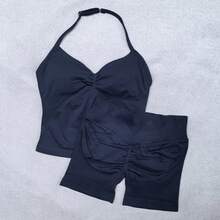 Conjunto de Yoga de 2 piezas para mujer, camiseta sin mangas con tiras ajustables sin costuras, pantalones cortos deportivos, ropa de gimnasio, trajes de entrenamiento de verano para mujer - Conjunto azul marino - Ver 1
