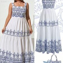 yonghongmaoyi1  Vestido de tirantes finos con volantes en el bajo, estilo romántico y vacacional, en rojo y blanco, para mujer talla grande. Vestido floral, - Azul y blanco - Ver 2