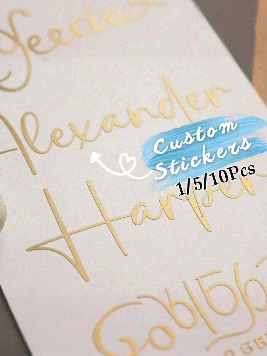 1/5/10Pcs Personalized Custom Name Text Content Sticker, Romantic Wedding Gift Box Balloon Sticker, Birthday/Anniversary/Wedding/Meeting Gift, DIY Gift, Handmade, Handwritten, Wedding Sticker, Gift Sticker For Glass, Cup, Roller, Balloon Etc