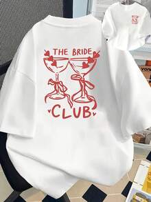 The Bride Club Cheers Print T-Shirt, Double-Sided Design, Round Neck Loose Cotton Top For Spring Summer - 白色 - 查看 1