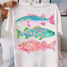 Preppy Cute Glitter Leopard Pattern Fish Graphic Tee, Y2K Aesthetic Coastal Fishing Harajuku T-Shirt For  Girls, Summer Relaxed Fit Clothes - 白色 - 查看 1