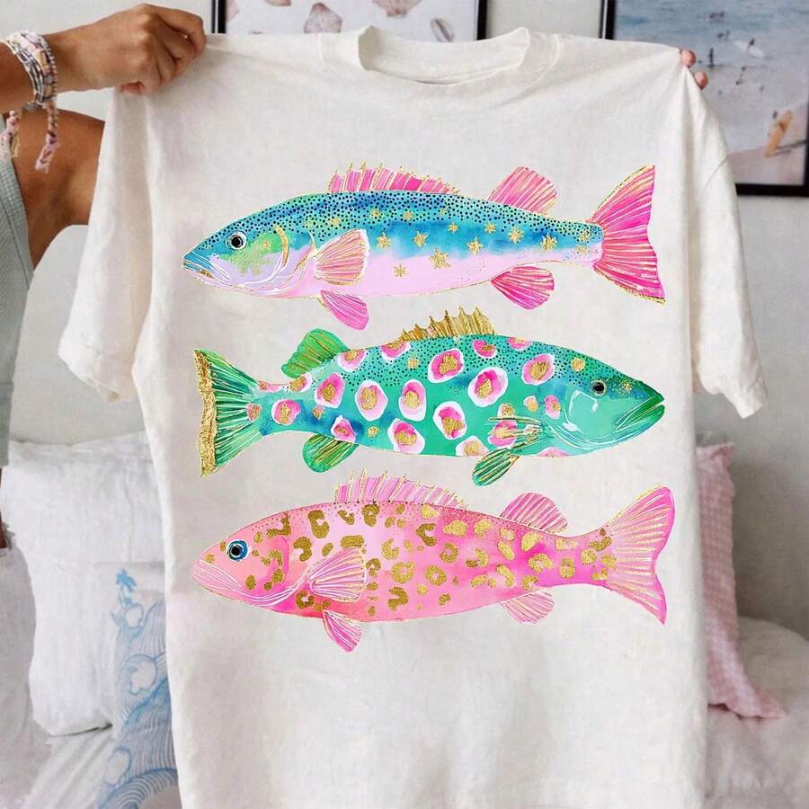 Preppy Cute Glitter Leopard Pattern Fish Graphic Tee, Y2K Aesthetic Coastal Fishing Harajuku T-Shirt For  Girls, Summer Relaxed Fit Clothes - 白色 - 查看 1