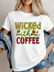 Wicked Without Coffee Graphic T-Shirt, Spring, 100% Cotton, Round Neck, Loose Fit, Comfortable, Urban Hip-Hop Style. - 白色 - 查看 1