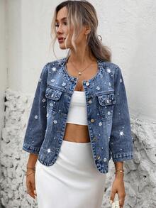 Women's Round Neck Studded Casual Denim Jacket - Blue - View 3