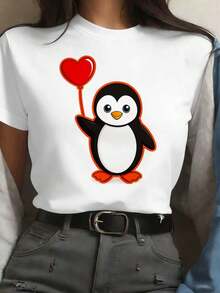 Camiseta de algodón suave con dise?o de corazón de pingüino adorable, ajuste holgado, cómodo, estilo callejero hip-hop, impresión artística - Blanco - Ver 1