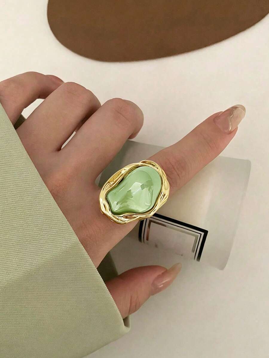 1 chiếc nhẫn ngọc trai giả phóng đại hình dạng bất đối xứng có thể điều chỉnh, phù hợp để đeo hàng ngày cho phụ nữ - vàng vàng + xanh - Xem 1