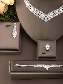 1 Set Elegant Cubic Zirconia Inlaid Floral Design Party Jewelry Set, Suitable For Women's Wedding Banquet, Includes 1 Pair Of Earrings, 1 Necklace, 1 Bracelet, 1 Ring, Gift Box Not Included - Silver 01 - View 2