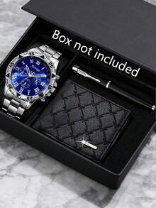 3 Pezzi Completo Elegante da Uomo, Comprende Orologio al Quarzo con Quadrante Argento-Blu, Portafoglio Goffrato e Penna a Sfera in Metallo. L'orologio presenta numeri romani, cronografo multifunzione, cassa con rivetti e cinturino in acciaio testurizzato per uno stile raffinato e stabile. Il portafoglio goffrato di alta qualità e la pratica penna in metallo completano l'insieme. - Argento - Visualizzare 1