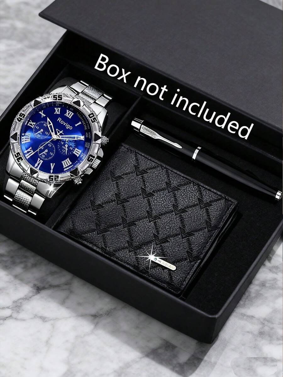 3 Pezzi Completo Elegante da Uomo, Comprende Orologio al Quarzo con Quadrante Argento-Blu, Portafoglio Goffrato e Penna a Sfera in Metallo. L'orologio presenta numeri romani, cronografo multifunzione, cassa con rivetti e cinturino in acciaio testurizzato per uno stile raffinato e stabile. Il portafoglio goffrato di alta qualità e la pratica penna in metallo completano l'insieme. - Argento - Visualizzare 1