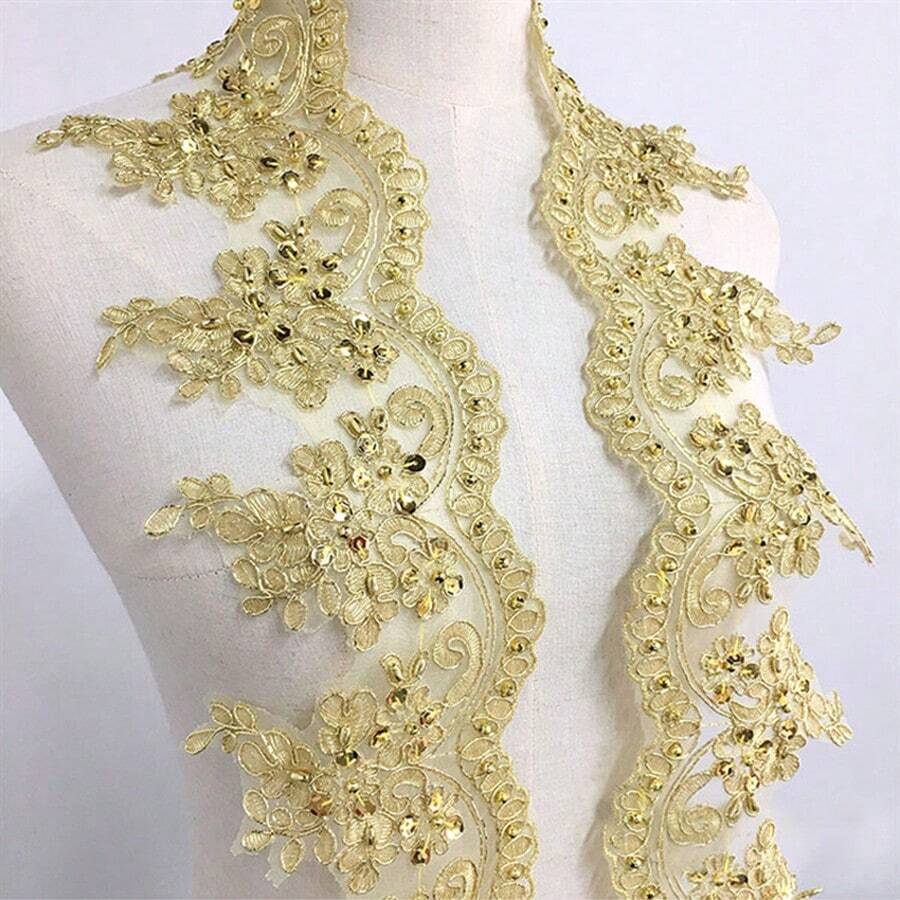 1碼金色亮片刺繡蕾絲飾邊，重工婚紗領口與袖口裝飾配件 - 花邊 - 查看 1