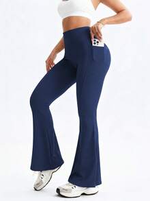 TCVC High Waisted Booty Lifting Yoga Flare Pants For Women With Side Pockets, Tummy Control 4 Way Stretch Bootcut Workout Leggings - Navy Blue - View 6