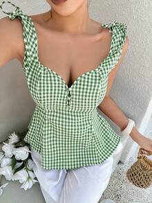 abyoxi Women's Green & White Plaid Bow Decor Camisole Square Neck Fitted Waist A-Line Ruffle Hem Top, Casual Sweet Vintage Style, Suitable For Dating, Daily Outings, Vacation, Work, Commuting, Stretchy Body-Hugging Spring & Summer Tank Top - Army Green - View 7