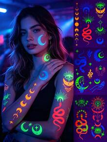 3pcs Neon Fluorescent Temporary Tattoo Stickers, Glowing Snake, Moon Phase, All-Seeing Eye, Sun Star & Occult Hand Design, Waterproof Skin- Self-Adhesive Long-Lasting, For EDM Rave Festival, Coachella Gathering, Witchy Tarot Party, Fake Tattoos - Multicolor - View 3