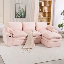 L Shaped Compressed Modular Sectional Sofa Modern Corduroy Upholstered Boneless Couches With Movable Footstool With Three Pillows And Two Lumbar Pillows Detachable Cloud Seat Cushions - Pink + Corduroy + 3 Seat1 - View 1