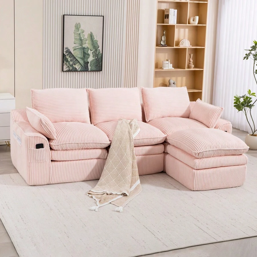 L Shaped Compressed Modular Sectional Sofa Modern Corduroy Upholstered Boneless Couches With Movable Footstool With Three Pillows And Two Lumbar Pillows Detachable Cloud Seat Cushions - Pink + Corduroy + 3 Seat1 - View 1