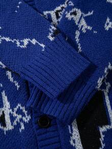 ANDREILEE Blue USA Map Print Casual Cardigan, Unisex High Street Fashion Versatile V-Neck Long Sleeve Button-Up Ribbed Knit Sweater For Commute & Daily Wear - Blue - View 6