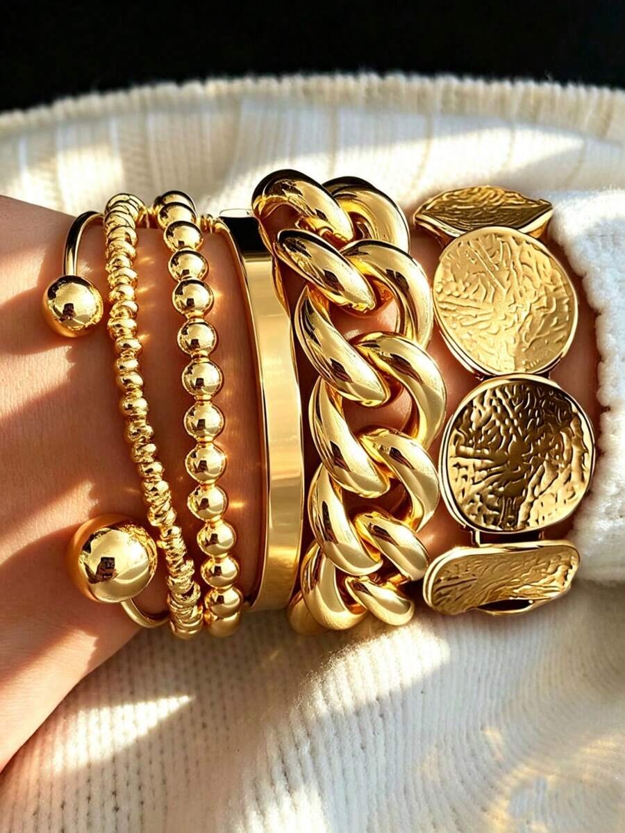 6pcs/Set Fashionable Unique High-End Elegant Exquisite Vintage Exaggerated Geometric Twisted Adjustable Bangle Bracelet Set For Women, Daily Wear, Holiday Party Jewelry - Multicolor - View 1