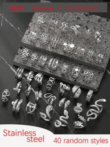 5/10/15/20/40/60pcs Set Stainless Steel Open Ring Assorted Styles Random Box, Including Snake Ring, Geometric Pattern Ring, Star Ring, Cross Ring, Essential For New Year, Valentine's Day Gift, Everyday Wear - Silver - View 12