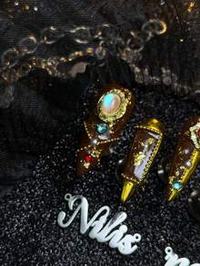 10片手工全包覆尖頭穿戴式假指甲，金色指甲，3D寶石、珍珠、金箔與華麗框架裝飾，四種尺寸可選，可拆卸重複使用，適合派對、日常與Cosplay，附果凍膠與指甲锉 - 金色 - 查看 5