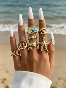 7PCS Unique Ocean Ring Set, Metal Shell Starfish Shark Design Rings, Versatile Vacation Style Hand Jewelry For Women - Gold - View 1
