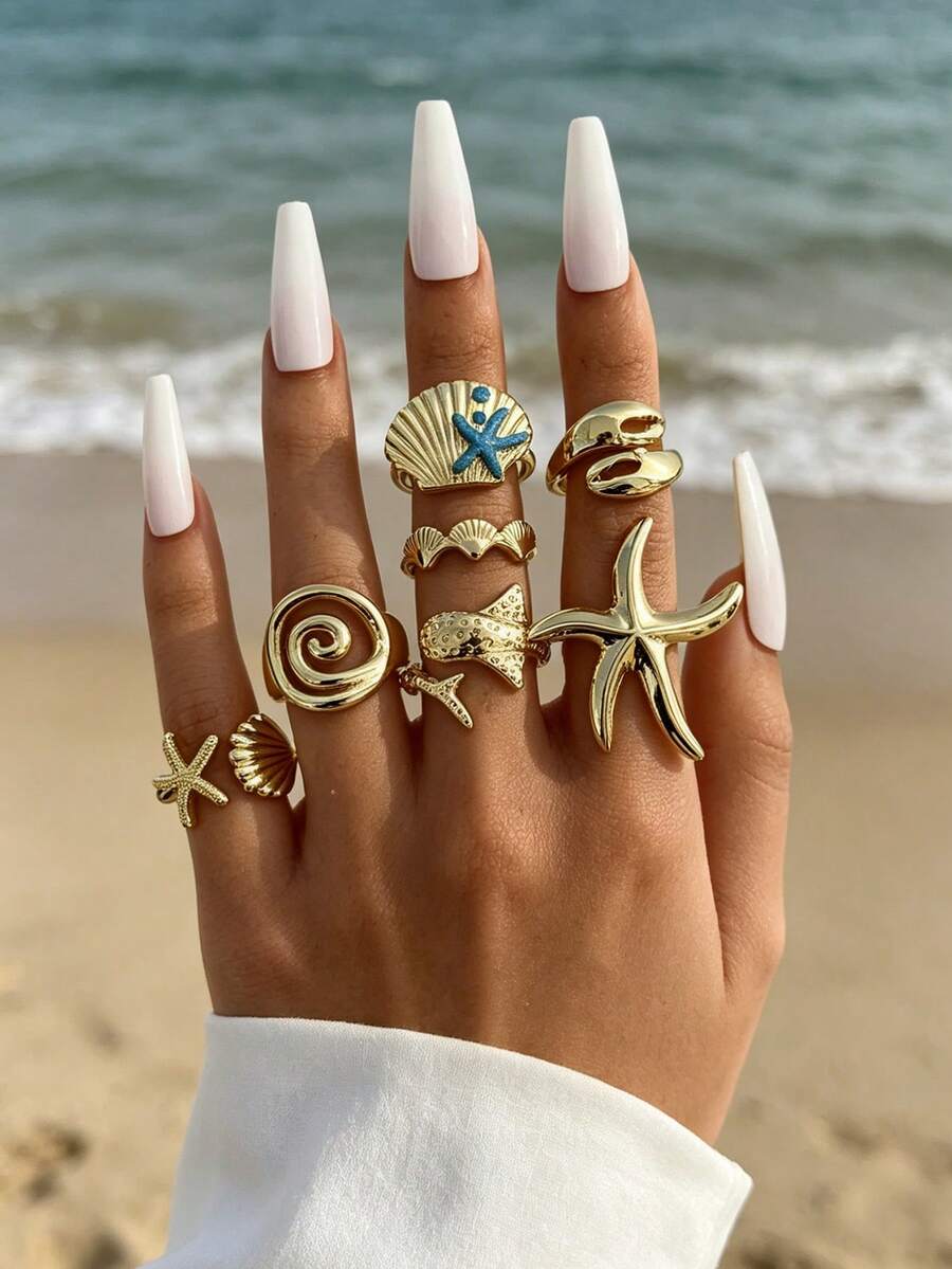 7PCS Unique Ocean Ring Set, Metal Shell Starfish Shark Design Rings, Versatile Vacation Style Hand Jewelry For Women - Gold - View 1