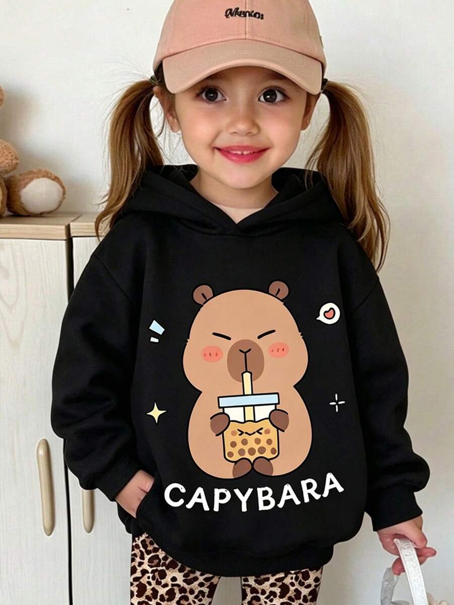 Young Girl Capybara Pattern Warm Sweatshirt, Autumn - Black - View 1