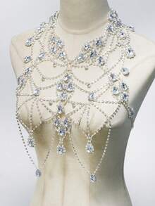 1pc Nightclub Bling Tassel Rhinestone Bra, Summer Beach Party Fashion Bikini Crystal Chest Chain - Silver - View 7