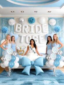 1 Set Blue Bachelorette Party Decoration, White Bride-To-Be Bridal Shower Decoration Bow Ring Heart-Shaped Balloons White Bow Print And Silver Sequin Balloons Tassel Curtain Paper Flower Balls Suitable For Bachelorette Party Wedding - Multicolor - View 3