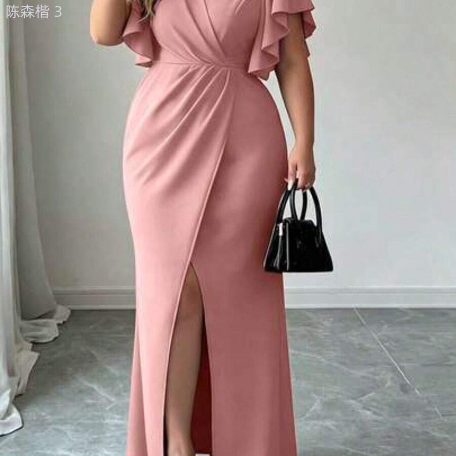 yonghongmaoyi1 Vestido largo de mujer talla grande de cuello en V verde profundo, vestido de noche elegante con mangas cortas con volantes, cintura cruzada y abertura alta, - Rosa - Ver 1