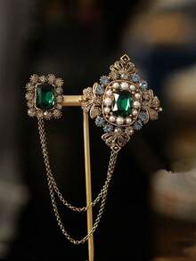 1pc High-End Luxury Baroque Green Tassel Chain Brooch, Vintage Palace Style Clothing Accessory, Elegant Fashion Pin For Holiday Dress - Multicolor - View 11