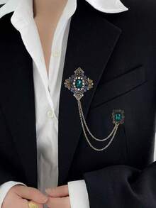 1pc High-End Luxury Baroque Green Tassel Chain Brooch, Vintage Palace Style Clothing Accessory, Elegant Fashion Pin For Holiday Dress - Multicolor - View 13