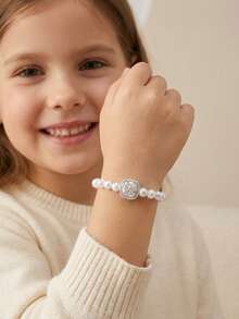 1pc Pure Tender Faux Pearl Beaded Bracelet Square Rhinestone Bow Charm For Girls Dreamy Accessories For Family Dinner And Ballet Dance Class - White - View 10