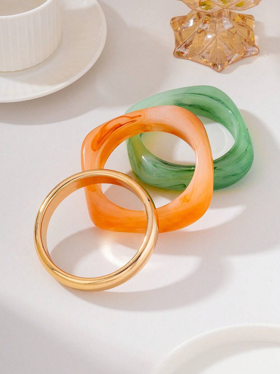 3件組優雅復古手鍊時尚極簡設計,適合休閒穿著,女款時尚飾品,壓克力材質,無鑲嵌,適合日常與派對場合,四季皆宜,(屬性最高產品) - 橙綠色三色手鐲套裝 - 查看 1
