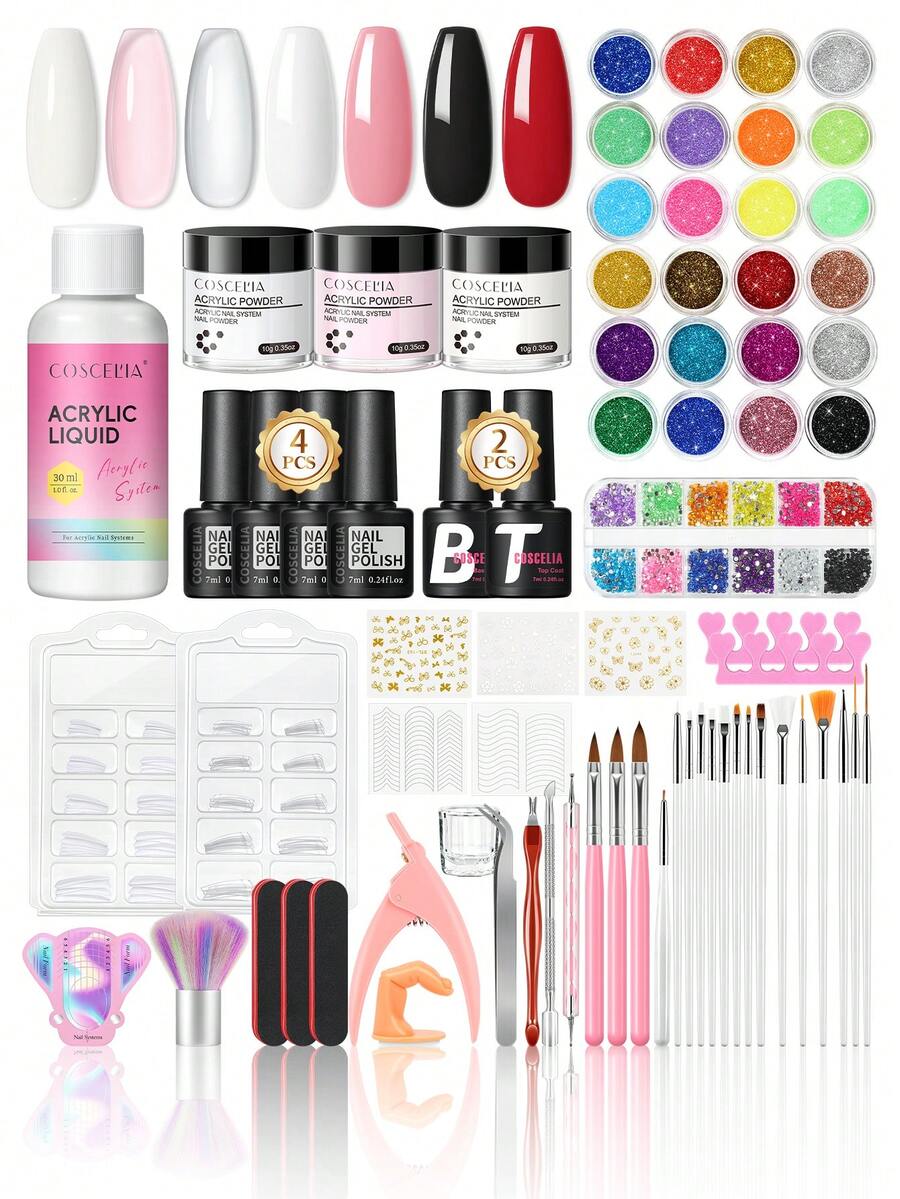 coscelia Beginner Acrylic Nail Set, All-In-One Gel Nail Polish And Glitter Acrylic Powder Set, Includes Acrylic Liquid, White Transparent Powder, Pink Powder, For Nail Extension, Professional Nail Art Tools, Women's Gift - Multicolor - View 1