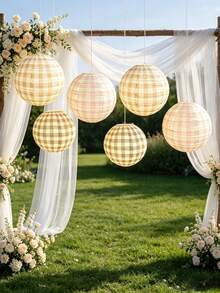 6pcs 12 Inch Paper Lanterns, Colorful Plaid Round Hanging Paper Lanterns, Suitable For Bachelorette Party, Birthday Party, Outdoor Activities, Camping, Wedding, Home Decor. - Multicolor - View 5