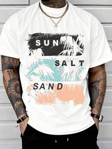 Camiseta gráfica con secciones de sol (parte superior blanca), sal (parte central azul claro), (parte inferior color melocotón), silueta de palmera y textura desgastada, cuello redondo - Blanco - Ver 1