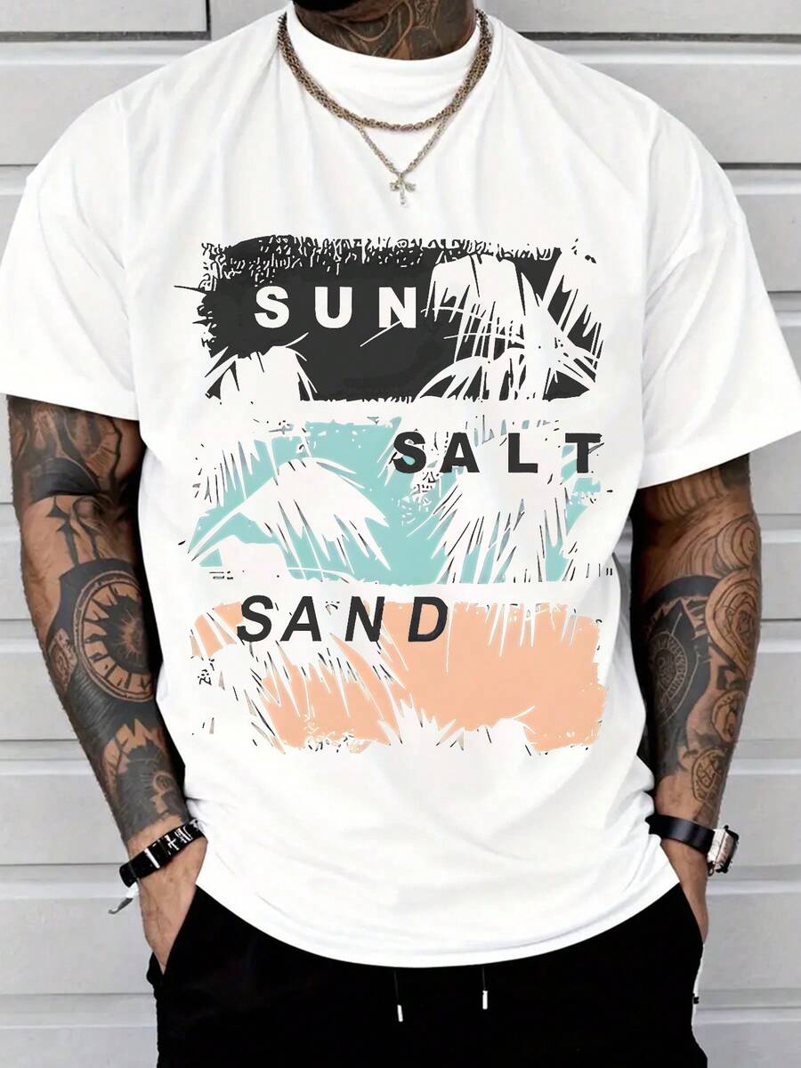 Camiseta gráfica con secciones de sol (parte superior blanca), sal (parte central azul claro), (parte inferior color melocotón), silueta de palmera y textura desgastada, cuello redondo - Blanco - Ver 1