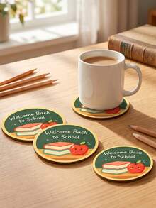 1/6/12pcs Welcome Back To School Wooden Drink Coasters, Cute Apple & Book Print Round Coasters, Non-Slip Wooden Coasters, Suitable For Teachers, Students, Classroom, Home Office Decor, Car Interior Accessories, Car Cup Holders, Desk Decor, Teacher's Day Gift - Multicolor - View 5