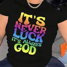 1 camiseta de mujer con la frase "No es suerte, es Dios" - Top de manga corta con cuello redondo suave y la frase en español "No Suerte, Dios", ropa casual adecuada para todas las estaciones - negro - Ver 2