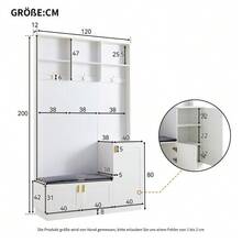 Hallway Set With Bench And Shoe Rack, Multifunctional Storage Bench With 3 Hanging Hooks And Open Storage Space, Rectangular Storage And Shelving Unit For Hallway, White, Dimensions: H200/W120/D40 Cm - 白色 - 查看 2