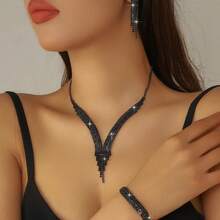 Fashionable Tassel Temperament Jewelry Bride Jewelry Necklace Set Daily Simple High-End Wedding Jewelry - Black - View 10