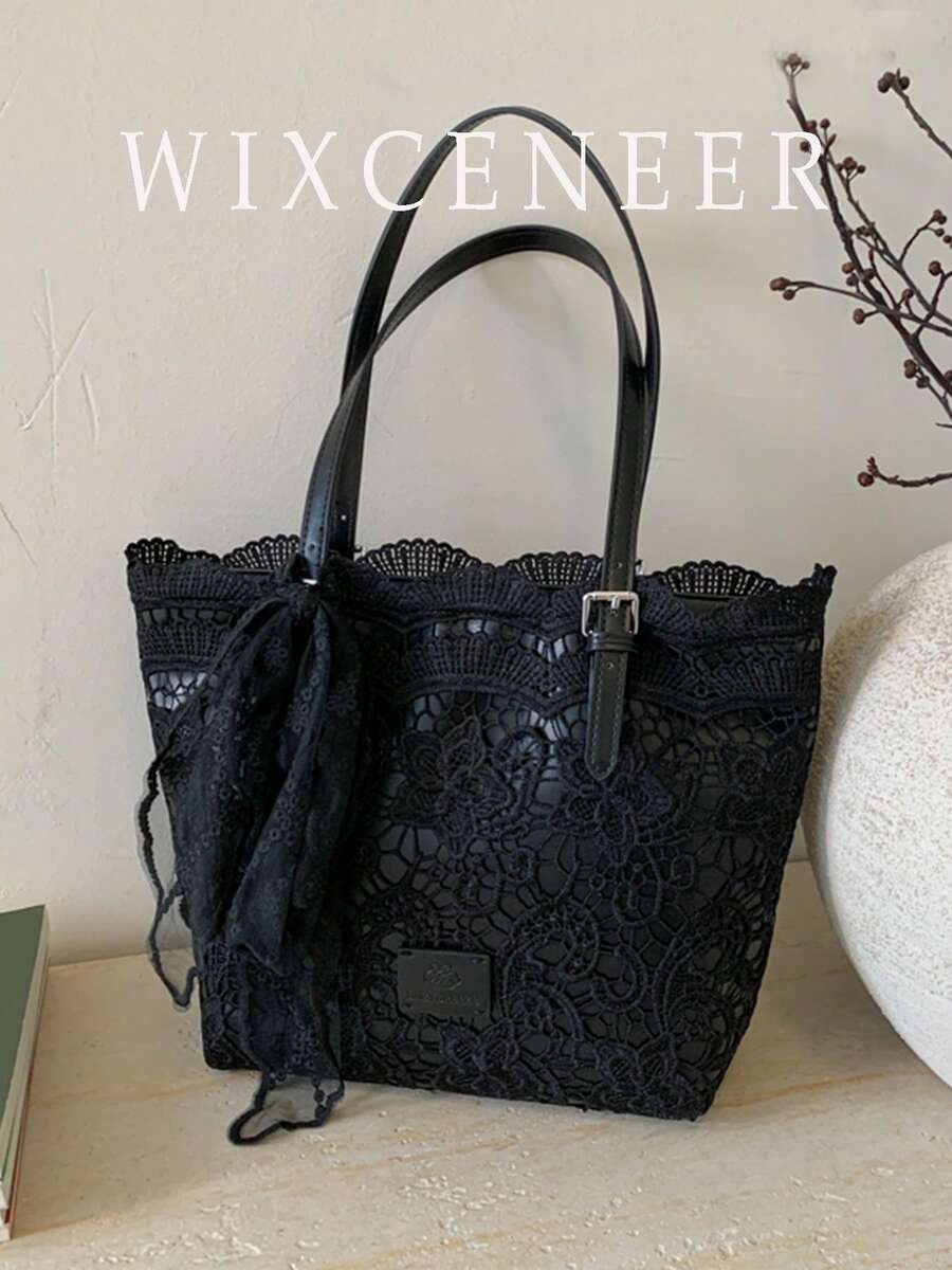 女款蕾絲托特包，新款休閒通勤大容量手提肩背包