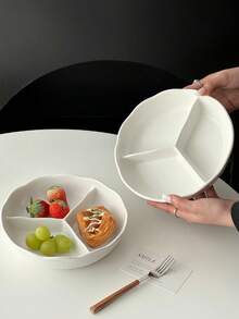 1pc Minimalist Cream Style Ceramic Plate, Single Person Serving Plate, Fruit Plate, 3-Compartment Main Dish Divider Plate - Multicolor - View 7