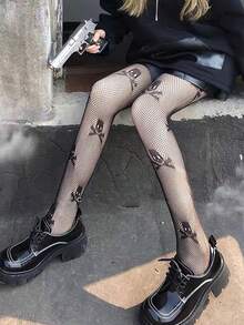 1件裝女款黑色骷髏印花魚網褲襪，鏤空哥德龐克Y2K美學襪，街頭與蘿莉塔性感彈性底襪 - 黑色 - 查看 5