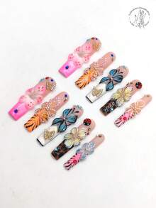 10 piezas de uñas postizas hechas a mano, puntas de uñas cuadradas de 55mm, rosa, blanco, puntas de dedos rosa-naranja, pétalos de flores grandes en relieve 3D, diseño de mariquita, decoración de mariposa dorada 3D, acentos de strass, líneas negras pintadas a mano, patrones de lunares, uñas personalizadas lindas - Multicolor - Ver 3