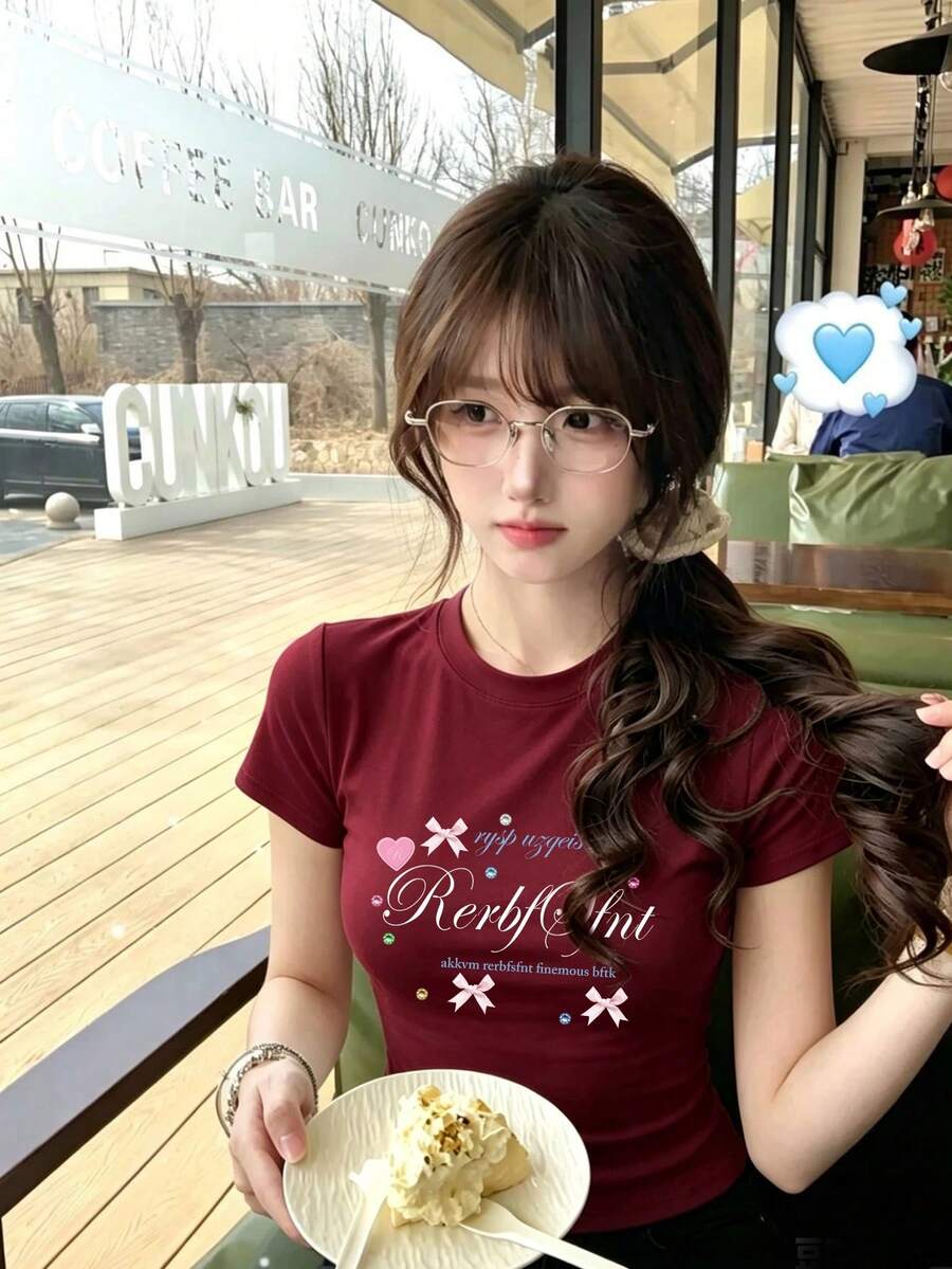Bow Heart Letter Print Fun T-Shirt For Women, Burgundy Hot Girl Slim Fit Regular Shoulder Short Sleeve, Summer Top Casual - View 1