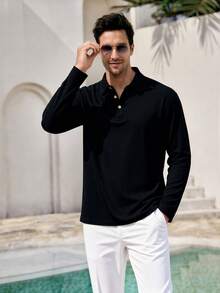 Mercer Haus 男士黑色純色 Polo 領長袖亞麻寬鬆版型 Polo 衫，鈕扣設計，春/秋季，高爾夫球衫，舒適休閒，可疊穿，日常穿著，送給男友、丈夫、父親的禮物 - 黑色 - 查看 2