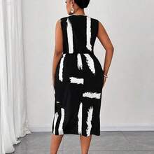 yonghongmaoyi1 Maweii Vestido sin mangas con cuello en V y estampado de talla grande - Blanco y Negro - Ver 3